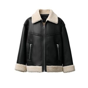 Zara Black Faux Leather Aviator Jacket with Cream Shearling Trim